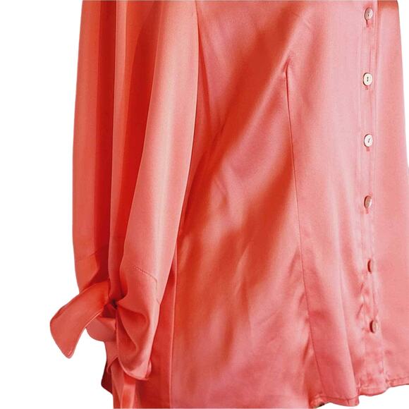 Vintage Finley USA Salmon Silk Long Sleeve Tie Sleeve Abalone Buttons Blouse LG - Picture 5 of 13